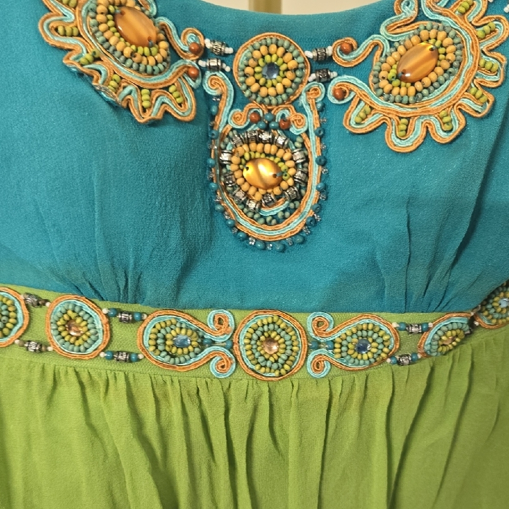 Sue Wong Green And Blue Color Block Beaded 100% Silk Dress - Picture 4 of 6